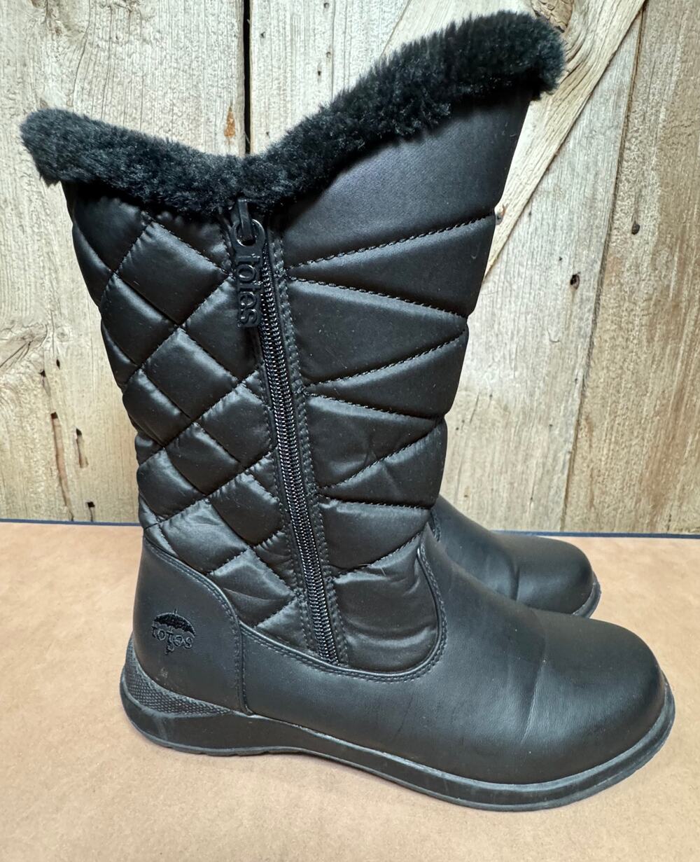 Totes Women's Joni Black Snow Boot Size 8 Double Zipper On Both Sides Fur Trim